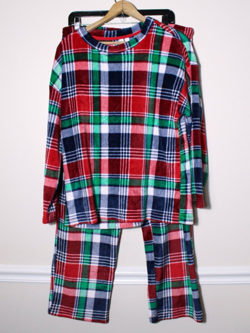 JoySpun Womens 2 Pc Set Fleece Plaid Holiday Pajamas Christmas Cozy Size XL